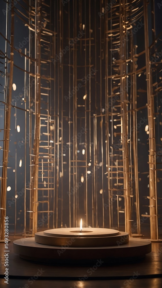 Poster glowing platform with vertical light streaks and bokeh effects in a dark space.