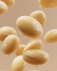Floating Soybeans Close Up Studio Shot Beige Background Vegan Protein Source Healthy Food Ingredient Macro