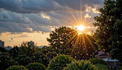raindrops falling from a stormy sky on a rainy day under daybreak shine, emerald tones, position the subject clearly with ample copy space, optimized for photo use, avoid trademarked terms