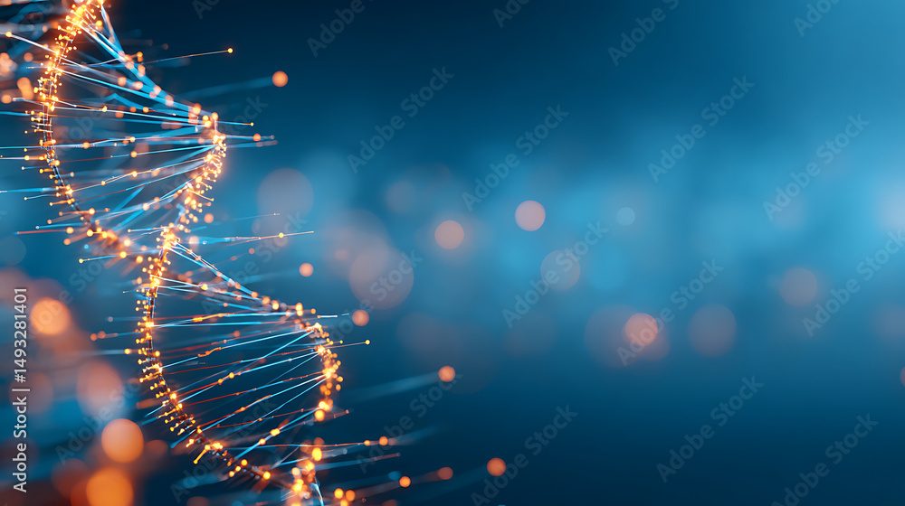 Poster abstract representation of a dna spiral structure with glowing lines and dots on a blue background. 