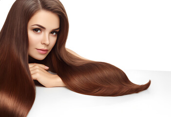 Young woman with extremely long, straight and shiny hair, white background