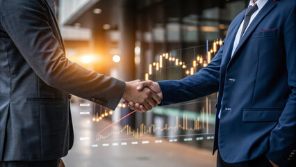 Close-up of business handshake with financial chart overlay, symbolizing partnership, trust, and economic collaboration in corporate world