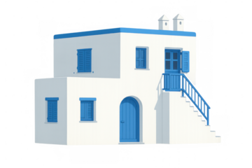 White greek island house with vibrant blue shutters, standing against neutral backdrop, highlighting architectural charm of cyclades
