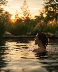 Fototapeta premium Sunset silhouette of a person enjoying a tranquil moment in a serene outdoor pool surrounded by nature and vibrant trees