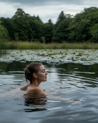Fototapeta premium Woman swimming in a serene lake surrounded by lush greenery on a calm overcast day