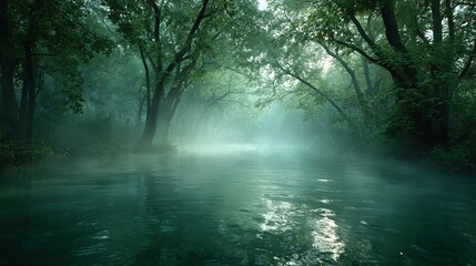 Fototapeta premium Serene river flowing through lush forest natural beauty misty environment tranquil viewpoint
