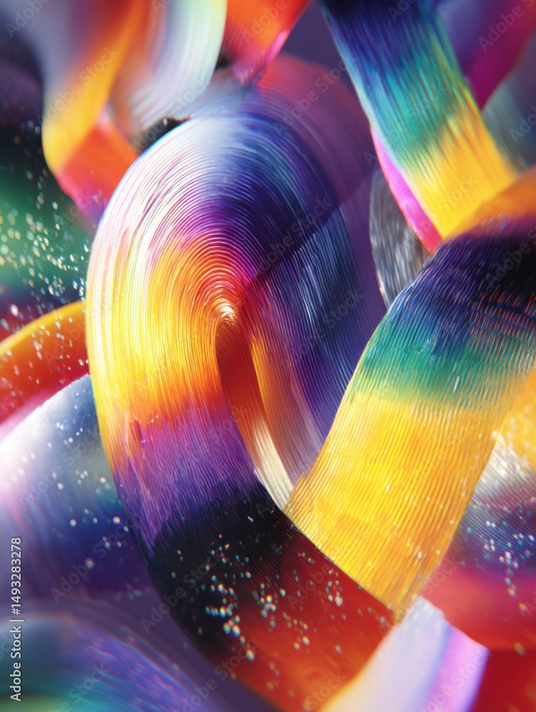Poster abstract macro photography of colorful rainbow slinky toy in motion with depth of field and bokeh ef