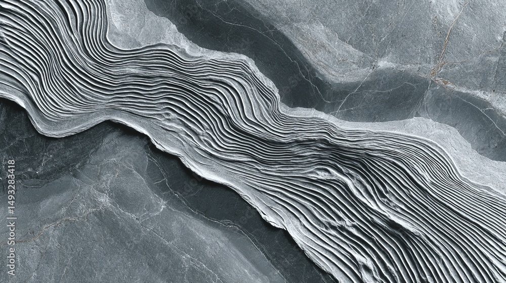 Poster overhead view of polished slate slab with parallel graphite veins forming minimal and elegant linear