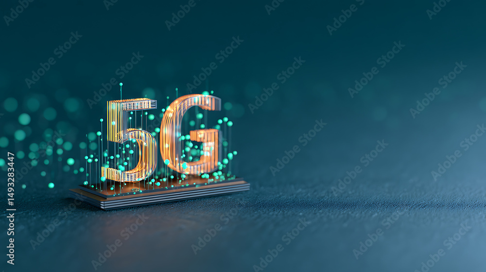 Poster 5g network symbol in digital hologram style with connecting wires and green light dots on a black te