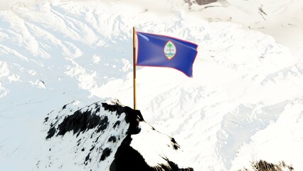 3D rendering of the Guam national flag showing a blue field with a red border and the iconic seal featuring a coconut tree, river, and flying proa canoe, waving atop a snow-covered mountain peak.

