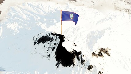 3D rendering of the Guam national flag showing a blue field with a red border and the iconic seal featuring a coconut tree, river, and flying proa canoe, waving atop a snow-covered mountain peak.

