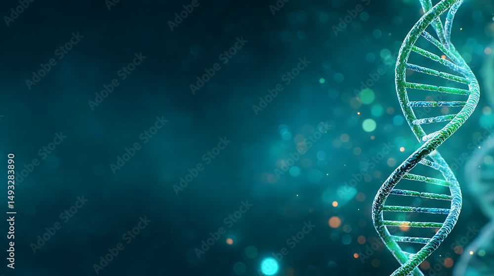 Poster abstract dna spiral with glowing green and blue lines on a dark gradient background. 3d rendering 77