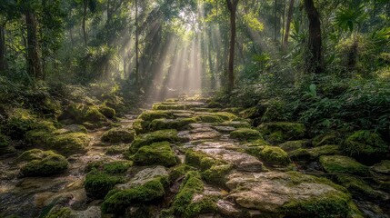 Fototapeta premium Serene natural river flowing through lush forest capturing tranquil nature scenes vibrant trees and mossy rocks