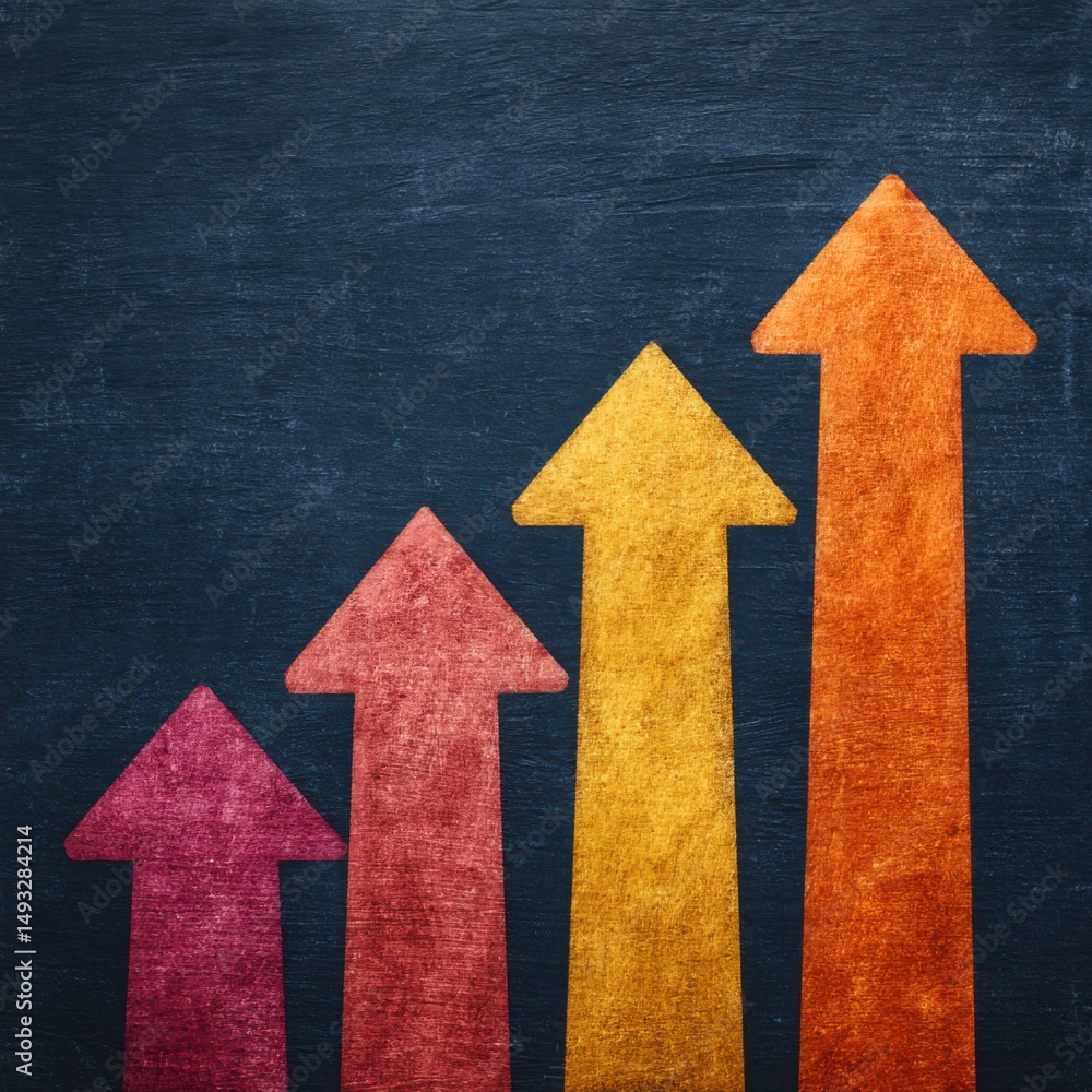 Aufkleber upward arrows on dark background showing growth and progress from low angle for business and finance