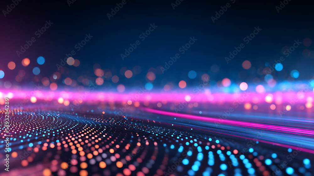 Poster abstract dotted background with glowing pink and blue light effects on a dark backdrop. 3d rendering