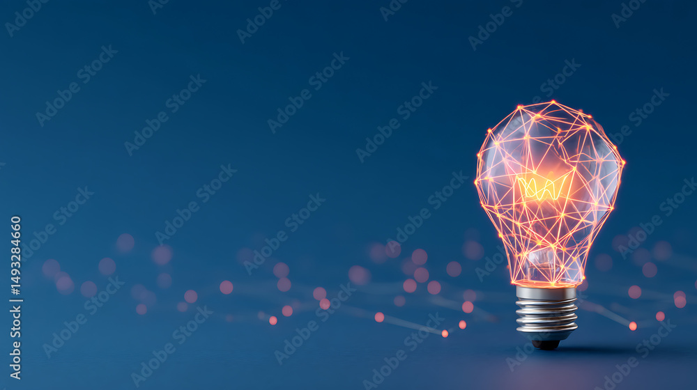 Poster glowing lightbulb with neon wireframe design symbolizing technology and ideas on a dark blue network