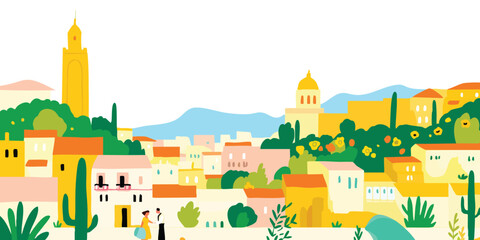 Fototapeta premium Vibrant, colorful and eye-catching illustration of a cityscape in Mediterranean style that looks calm and inviting.