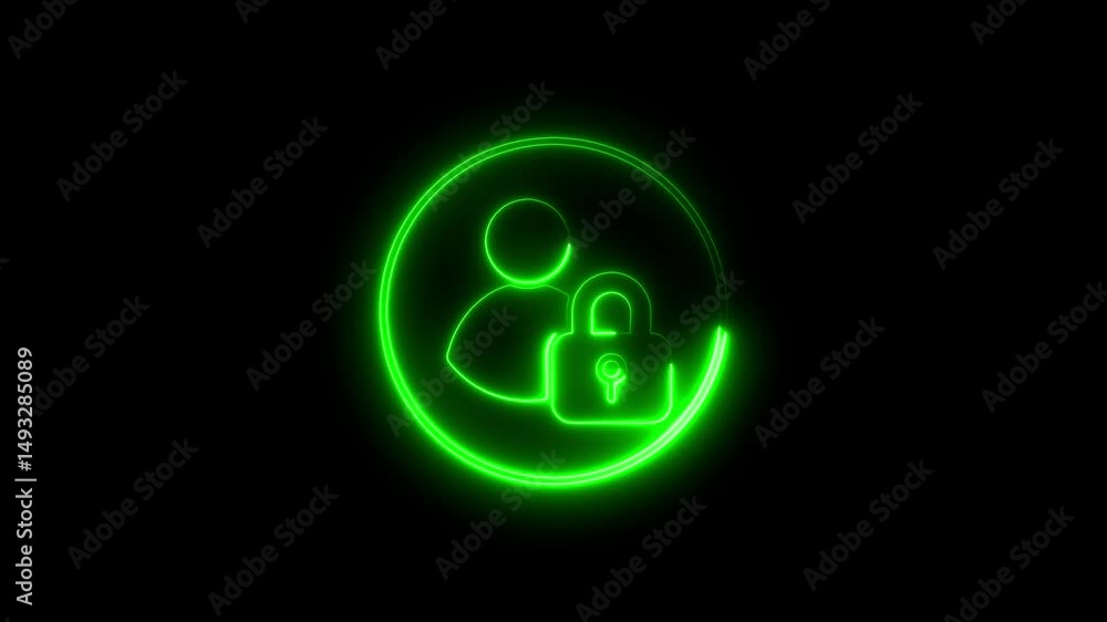 Poster neon green animated user account with locked access icon on black background