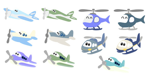 Set of Kawaii popular trend airplane and helicopter character design. Transportation air