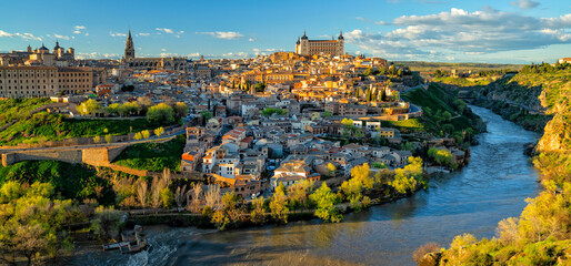 Toledo, Castila la Mancha, Spain, world heritage city with the Alcazar high above on a bright day	