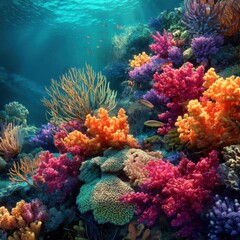 Fototapeta premium Vivid Coral Reef Ecosystem Thriving Underwater Close Up Shot Colorful Marine Life Habitat Biodiversity Ocean Floor