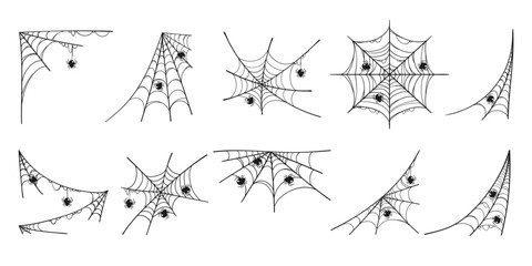 Cartoon Spider Web Collection in Hand Drawn Style. Doodle arachnid web perfect for cards, party invitations, web, fashion, print