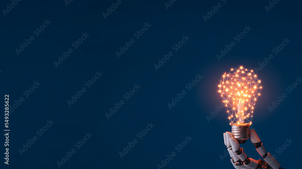 Poster futuristic robotic hand holding glowing lightbulb made of digital lines with neural network connecti