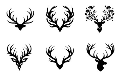 set of various antler designs in vector format black color, deer horn graphics
