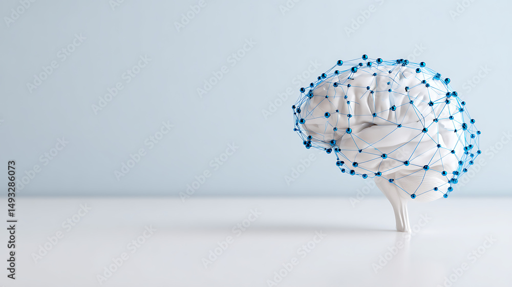 Poster digital skull outline with blue neon network pattern, isolated on a clean white background. concept 