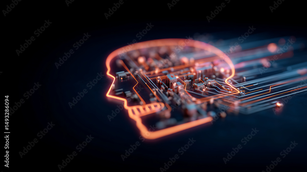 Poster neon skull outline surrounded by glowing circuit lines on a white background, creating a futuristic 
