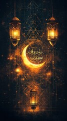Obraz premium Ramadan celebration with lanterns and crescent moon