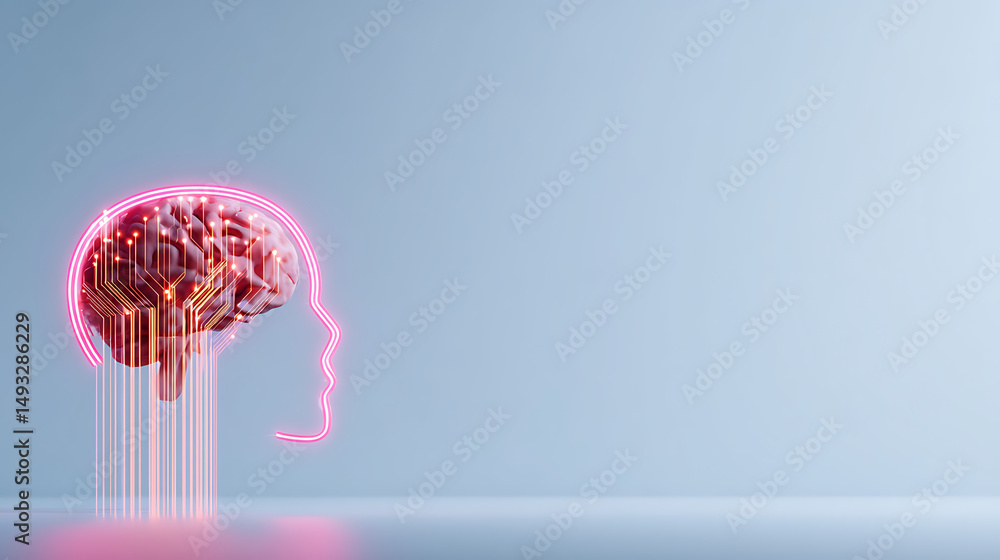 Poster neon skull outline surrounded by glowing circuit lines on a white background, creating a futuristic 