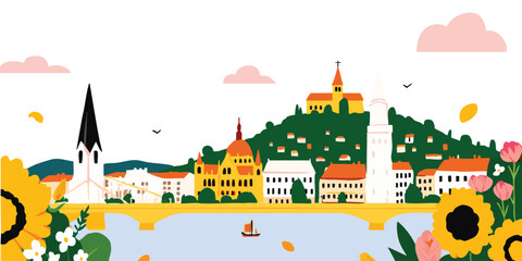 A stylized city scene, illustrating architectural wonders with nature. capturing the blend of urban and natural elements in vibrant art.