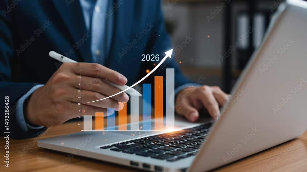 Poster hands of a business professional analyzing growth chart data and trends on a laptop for future plann