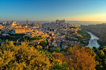 Toledo, Castila la Mancha, Spain, world heritage city with the Alcazar high above on a bright day	