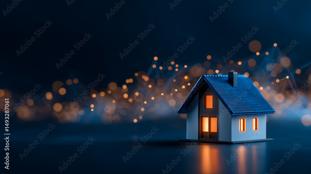 Aufkleber digital house symbol with glowing blue particles and network connections on dark background. concept