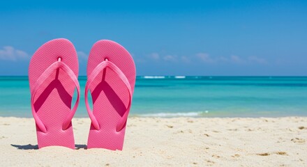 Vibrant pink flip-flops stand upright on sun-kissed beach sand a