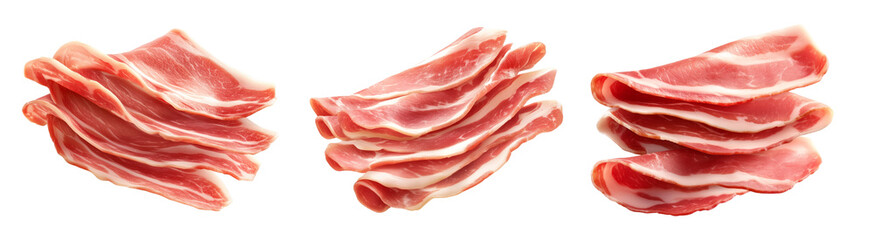 Obraz premium Set of Slices of raw pork bacon Speck with marbled fat isolated on white transparent background, representing cured meat preparation.