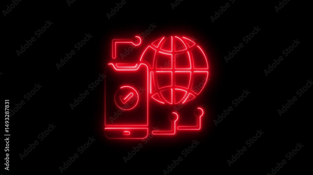 Poster glowing red neon animation of a mobile device approving global network connectivity