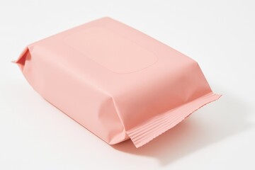 Sealed pink pouch of wet wipes, minimalistic and wrinkle-textured, on a white background