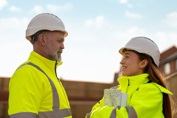 Male construction works project manager and young female site engineer collaborating on-site, discussing project details and future plans at building site