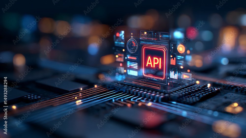 Aufkleber api concept with data and technology icons on digital neon network lines. 3d rendering 57024144 2