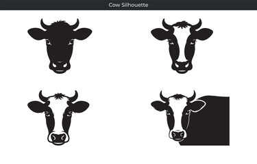 Four different vector silhouettes of cow heads in black and white isolated on white