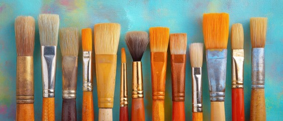 Assortment of artist paint brushes on colorful background studio shot close up art supplies for painting