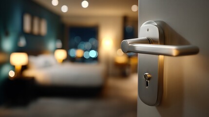 Partially open door revealing a hotel room with a bed and city lights