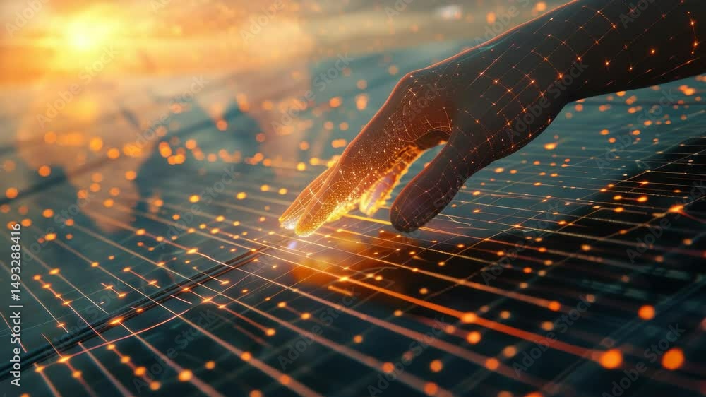 Poster a hand reaches out to touch a digital surface, creating glowing patterns against an enchanting sunse