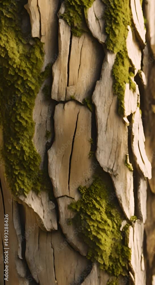 Poster close up view of tree bark with golden light and moss highlighting textures capturing natures detail