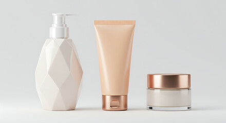 Elegant Skincare Products Luxurious Lotion, Cream, and Cleanser Bottles Mockup