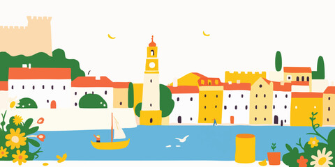 A vibrant illustrated cityscape captures the essence of coastal charm, with a picturesque scene of buildings, boats, and nature. This art piece radiates a sense of serenity.