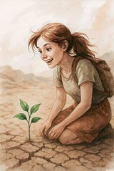 Naklejka premium Hope GrowsA happy girl discovers a green seedling sprouting from dry cracked earth, symbolizing hope, resilience, and environmental restoration.